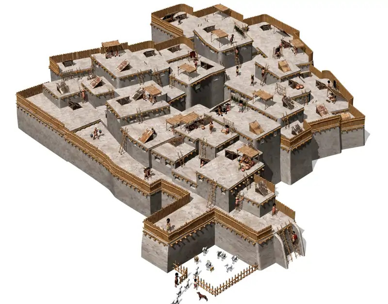 Reconstrucción digital del área excavada hasta ahora de la ciudad. Sin calles el acceso a las viviendas se hacía mediante una serie de escalas y claraboyas.