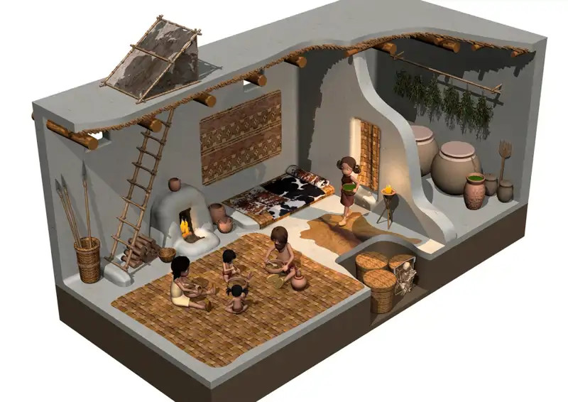 Reconstrucción del interior de una casa de Çatal Hüyük. las viviendas se dividían en dos espacios, una área de almacén y otra más grande que servía a la vez de cocina y dormitorio.